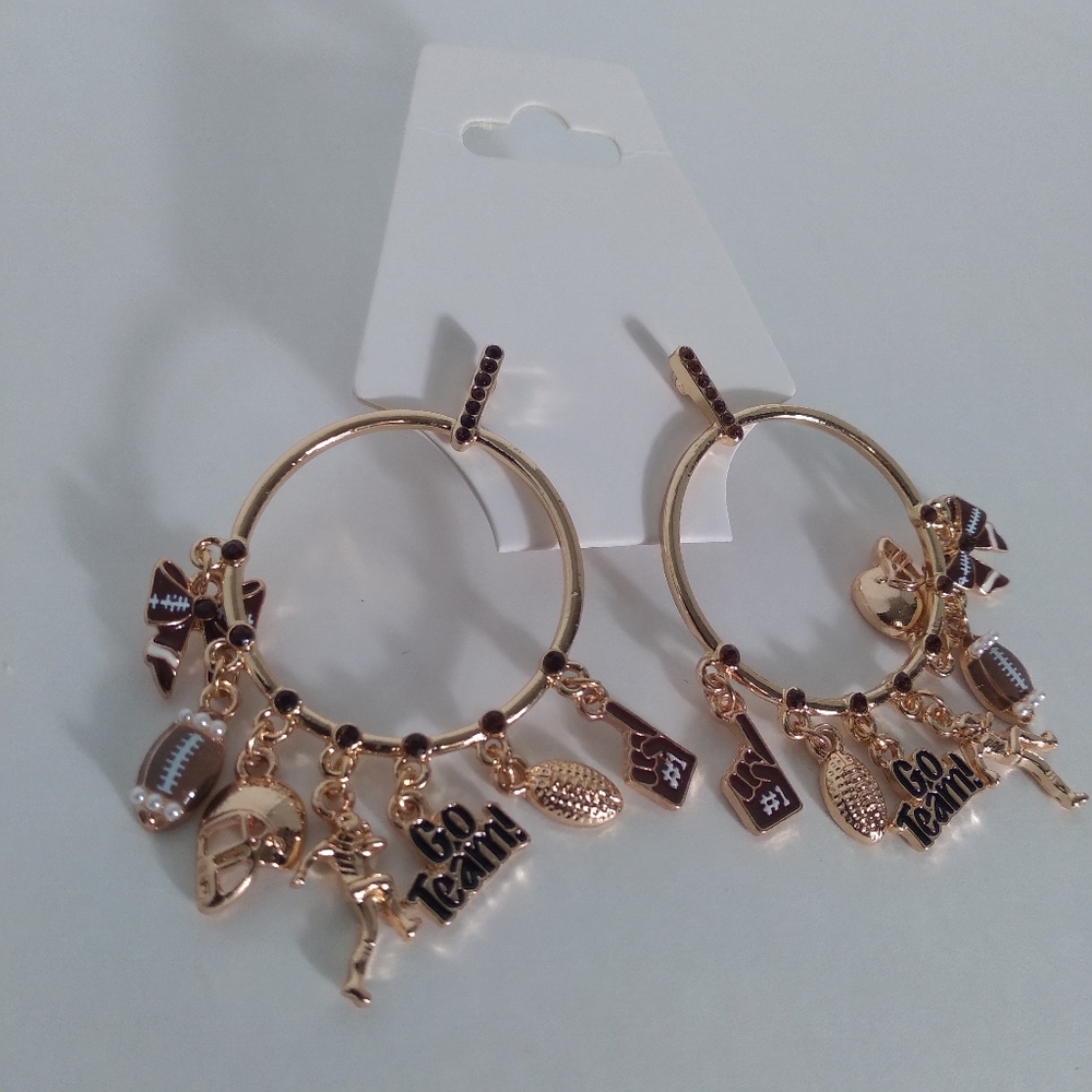 Go Team! Gold Football Charm Hoop Earrings